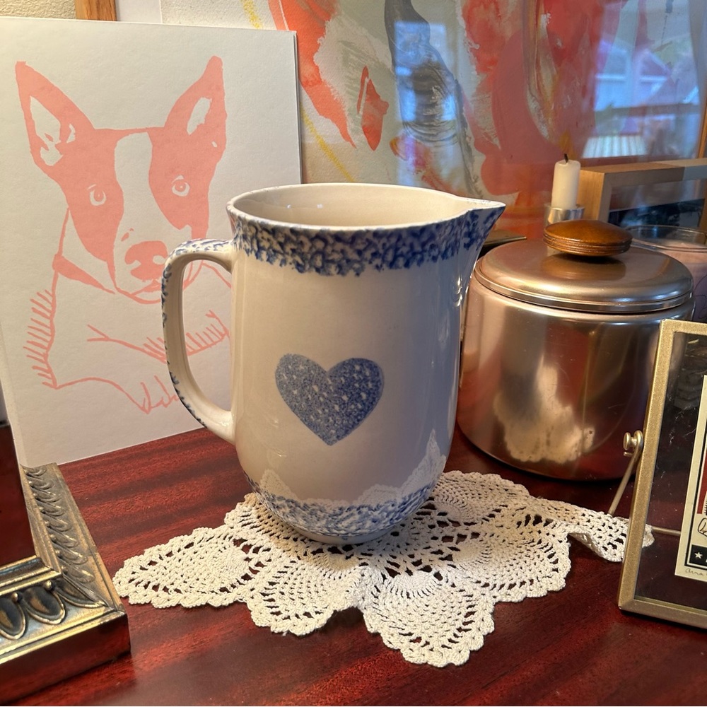 Tienshan Folk Craft Cream & Blue Sponge Paint Pitcher - Heart & Cow - 64 Oz